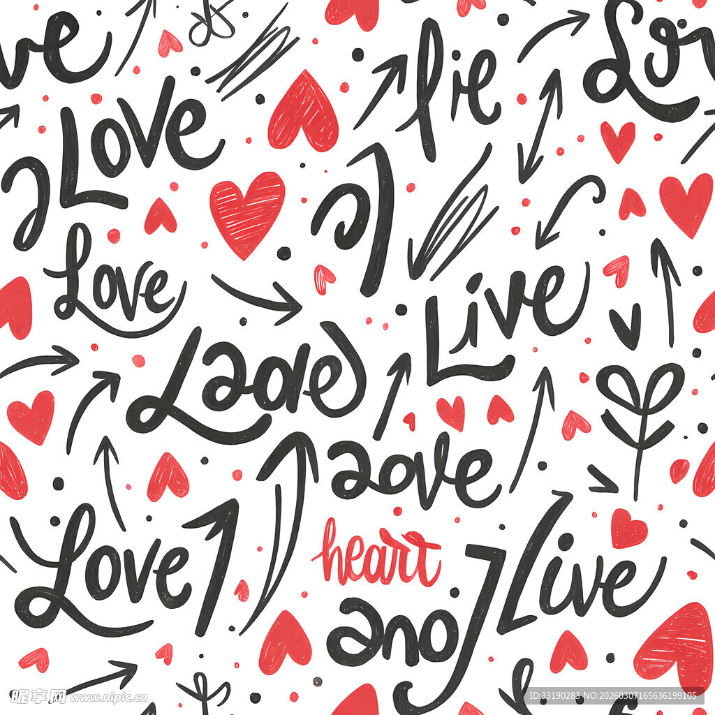 爱心与爱文字手绘图案