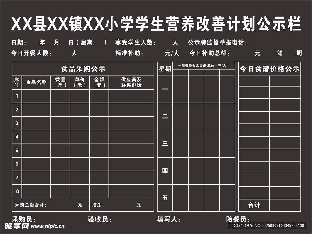 学生营养改善计划公示栏