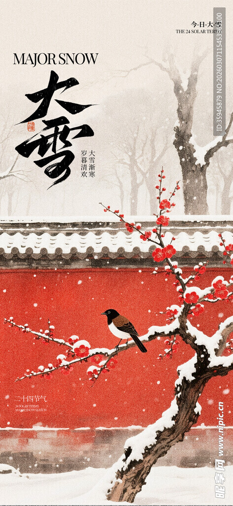 大雪时节红墙覆雪美景