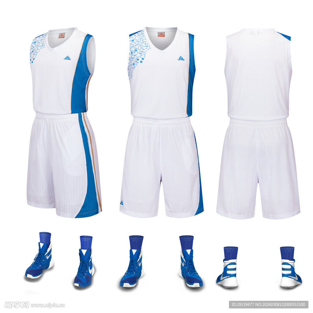 蓝白篮球服套装及配套球鞋
