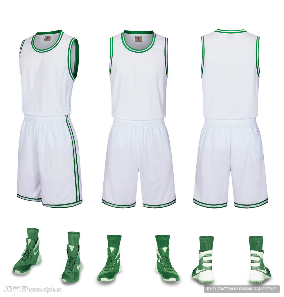 白色篮球服套装及绿鞋配件