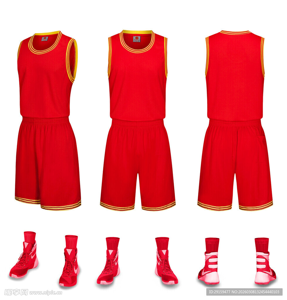 红色篮球运动套装及鞋袜