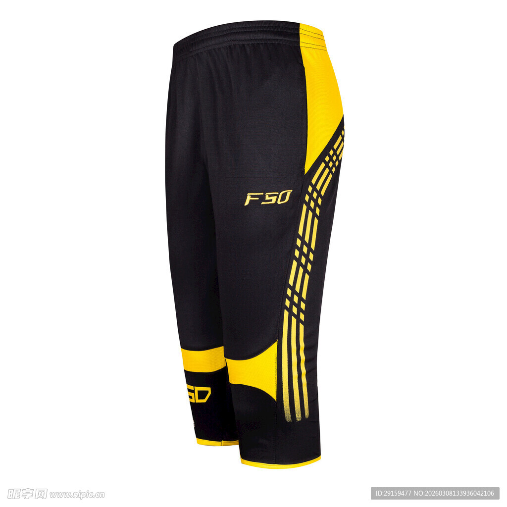 黑黄拼接运动足球七分裤
