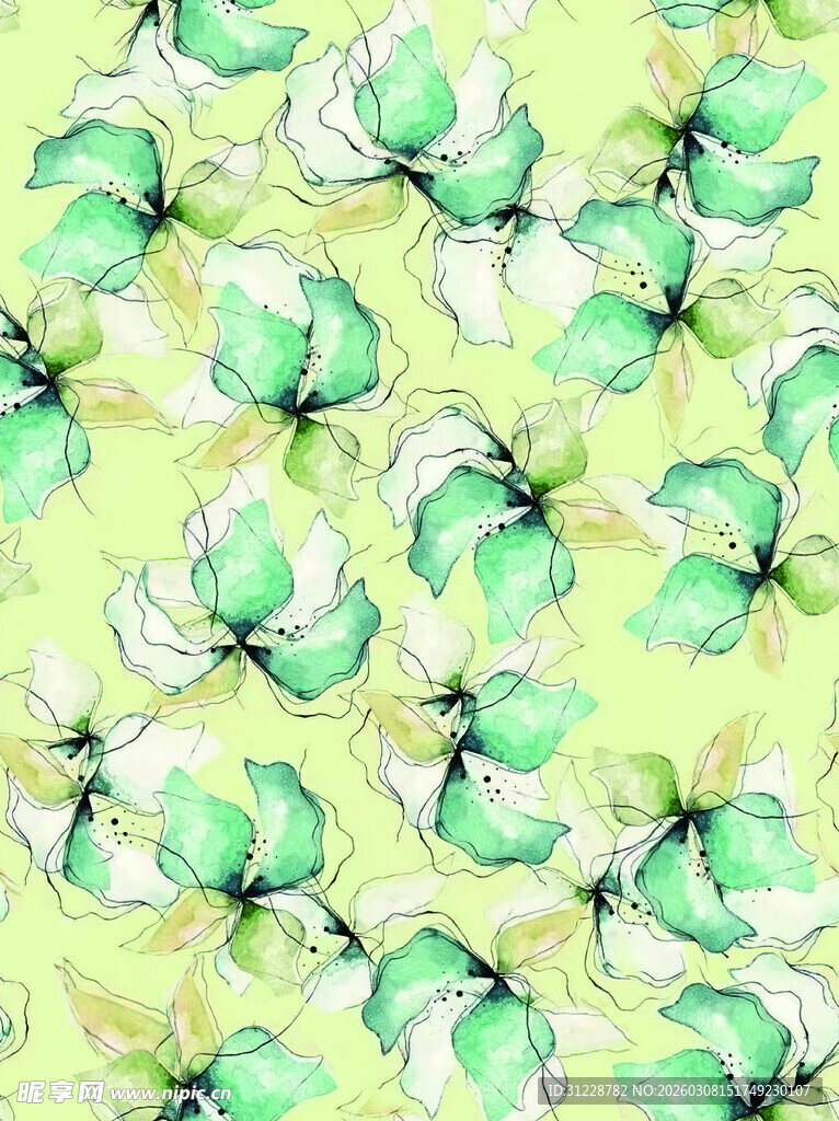 清新绿调花卉无缝图案