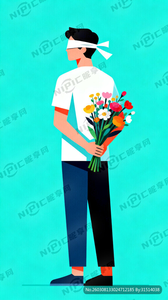 蒙眼再背后拿花的男生 全身