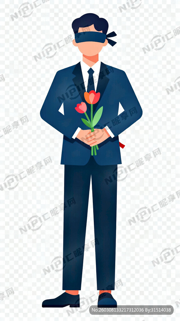 蒙眼再背后拿花的男生 穿西装