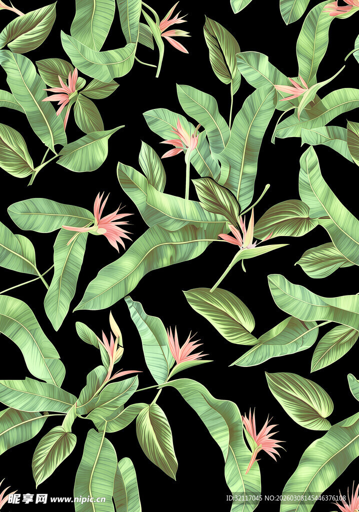 绿叶繁花无缝图案背景