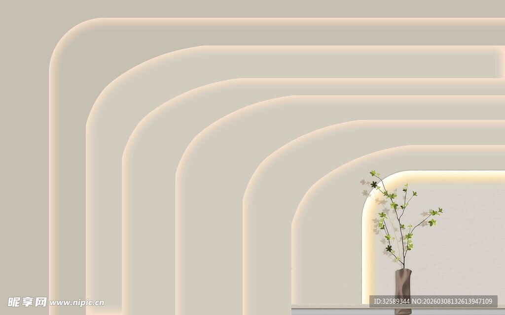 简约弧形墙饰下的绿植摆件