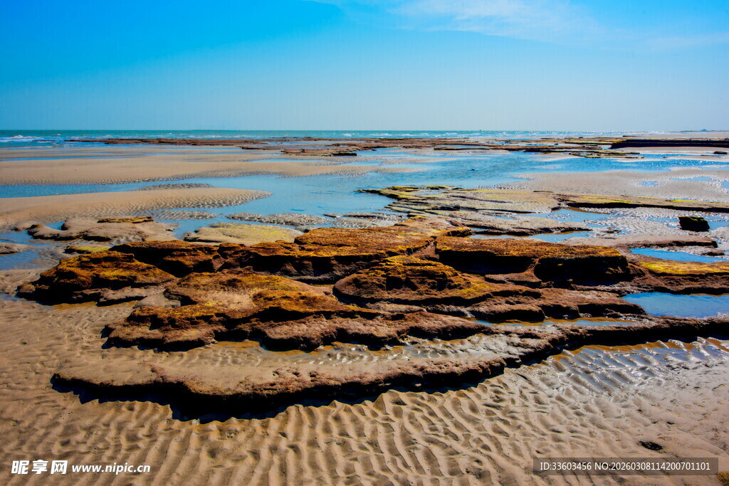 海边沙滩上的奇特岩石