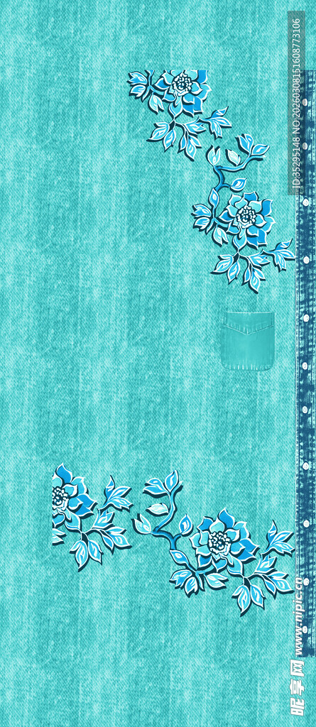 蓝底精致花卉刺绣图案