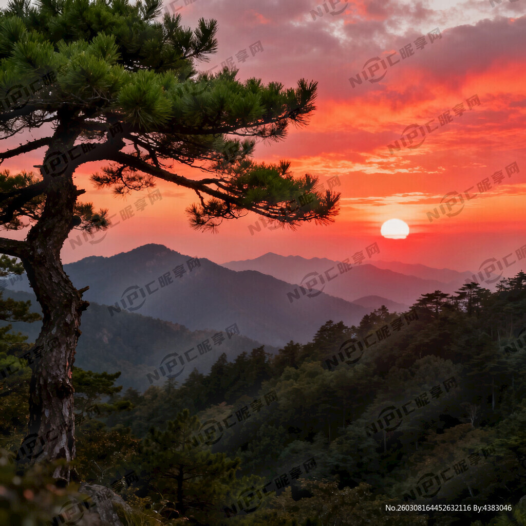 远山近林 朝霞、迎客松