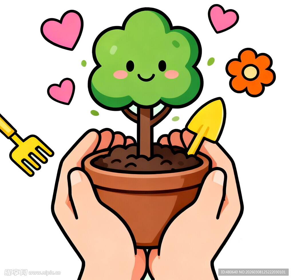 双手呵护可爱盆栽小树