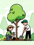 两人合作愉快植树场景