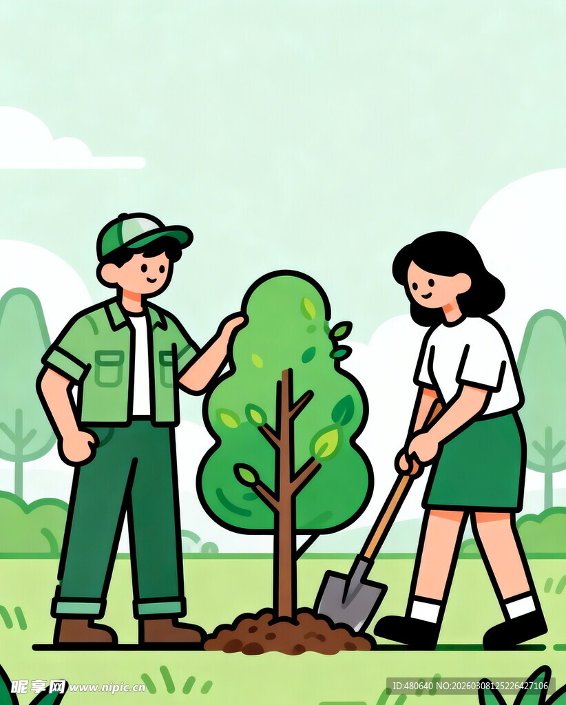 两人合作植树的美好场景