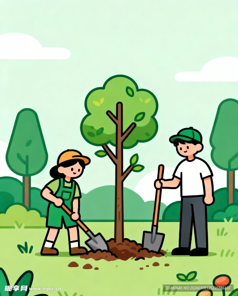 三人植树场景