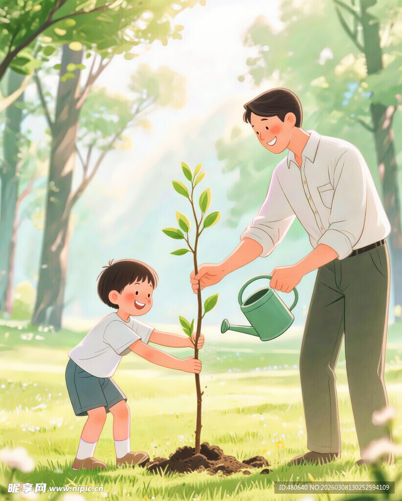 父亲与孩子在户外植树