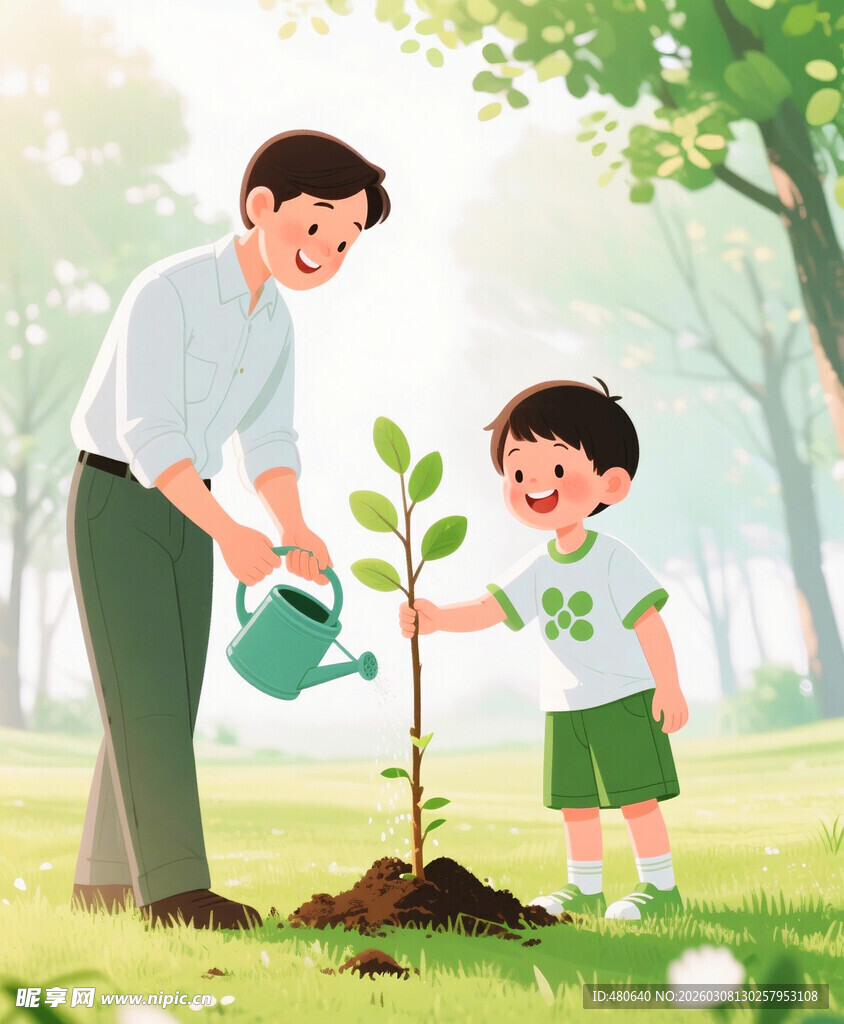 植树节父子共植新绿