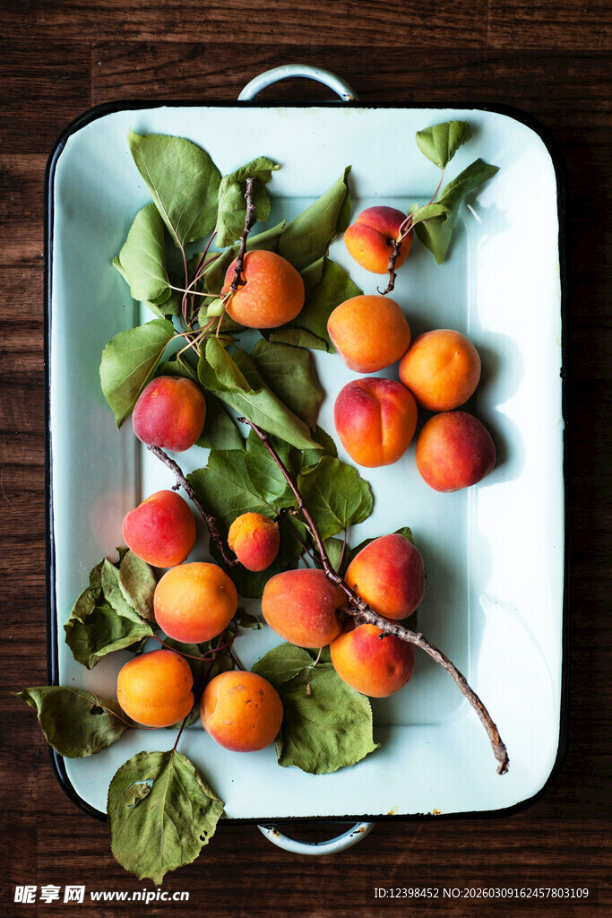 托盘上的新鲜李子与绿叶