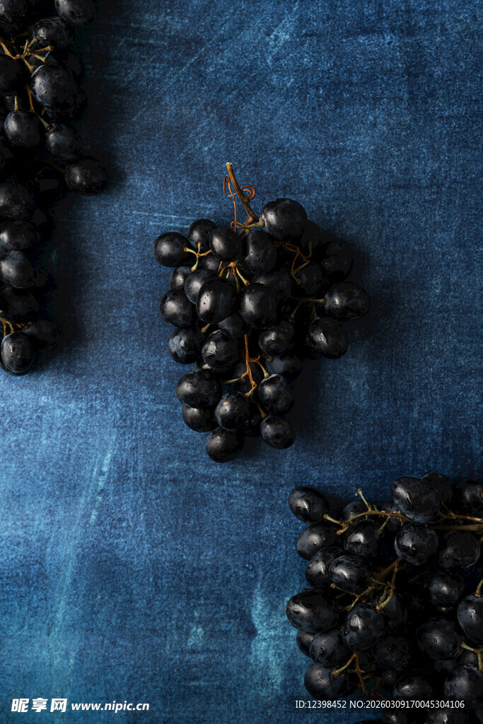 蓝布上的黑紫色葡萄串
