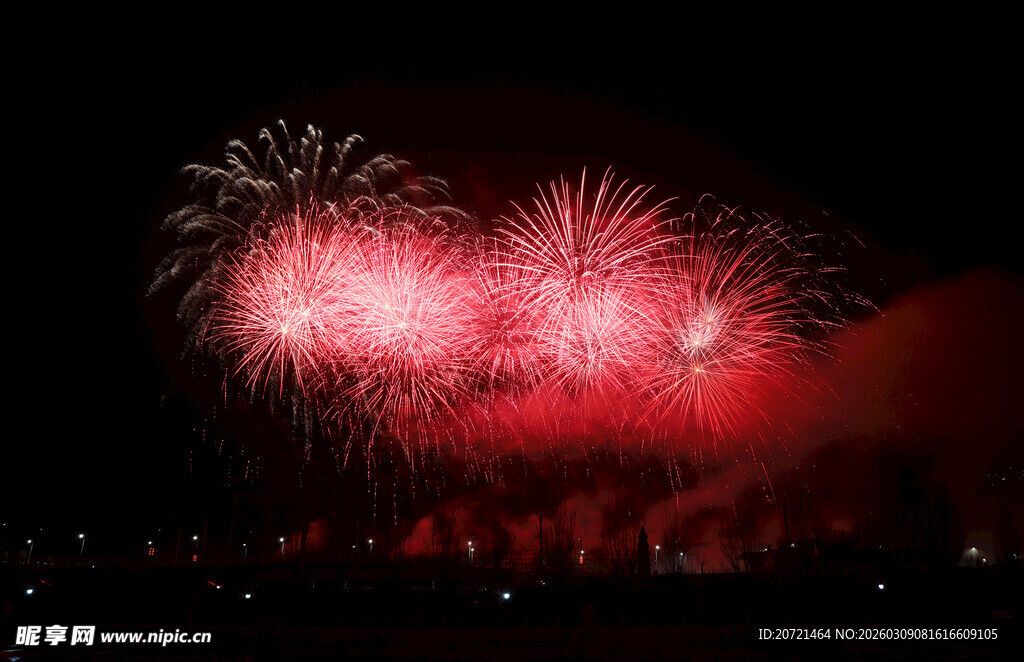 夜空中绚烂的红色烟花