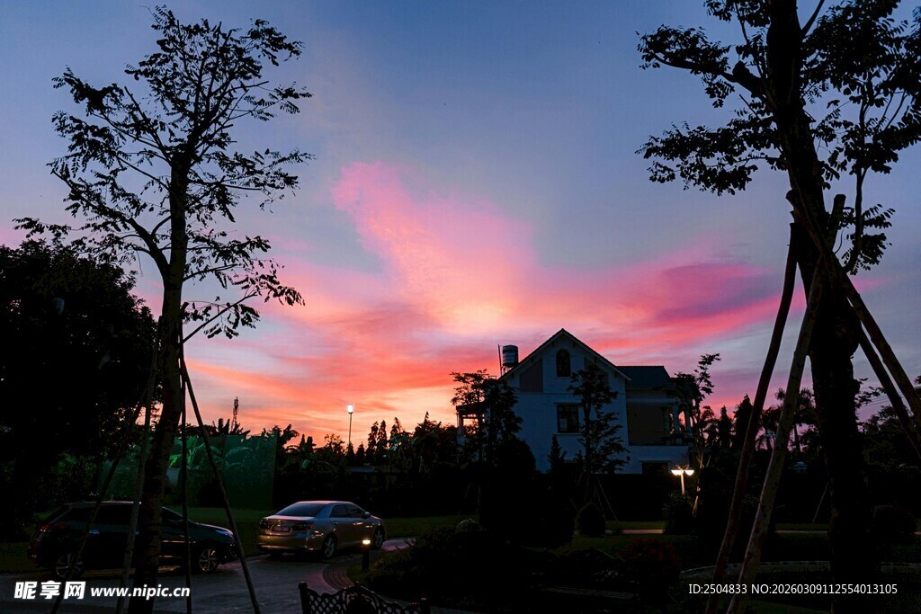 黄昏美景中的房屋与树木