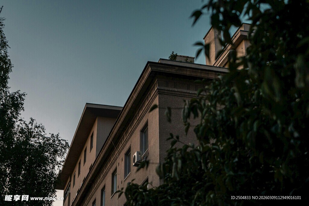 黄昏下的建筑与绿植