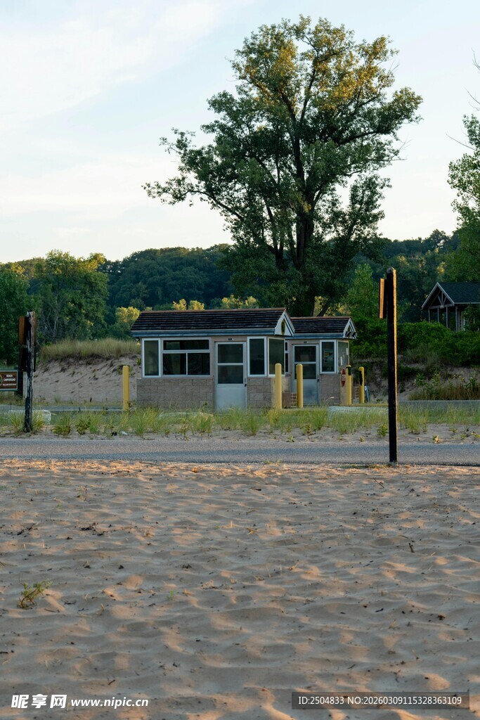 沙滩边的小屋与绿树
