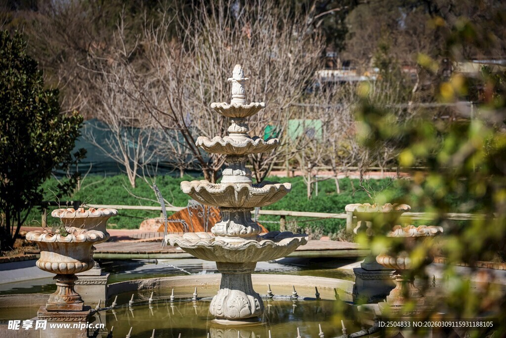 花园中的精美喷泉景观