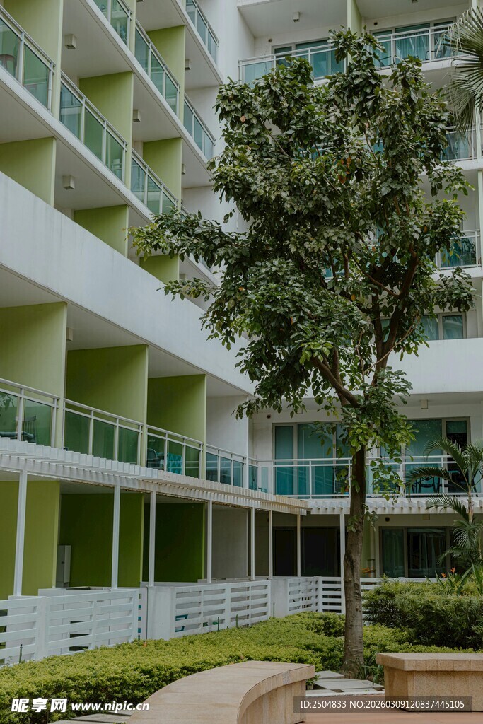 现代公寓楼前的绿植景观