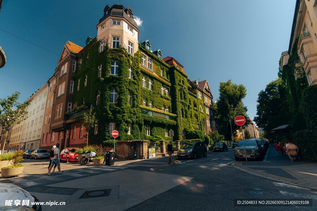 绿意盎然的街边复古建筑