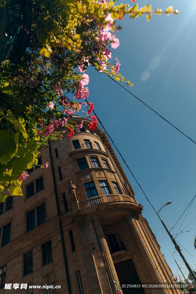 阳光下的复古建筑与繁花