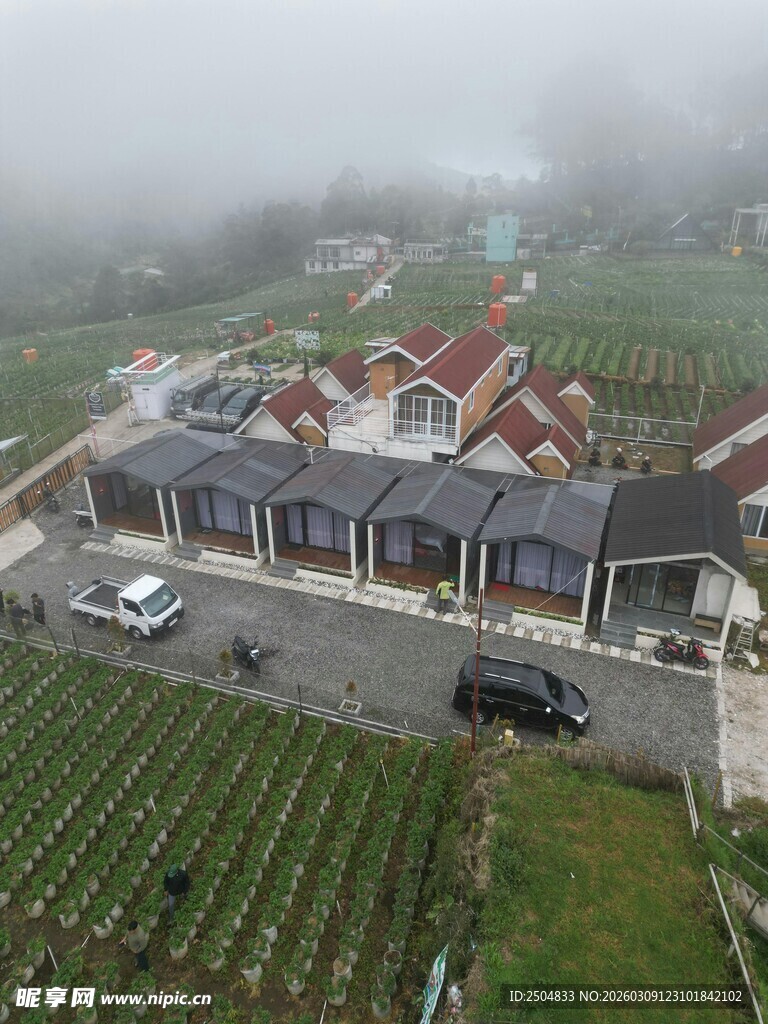 雾中乡村建筑与田园风光