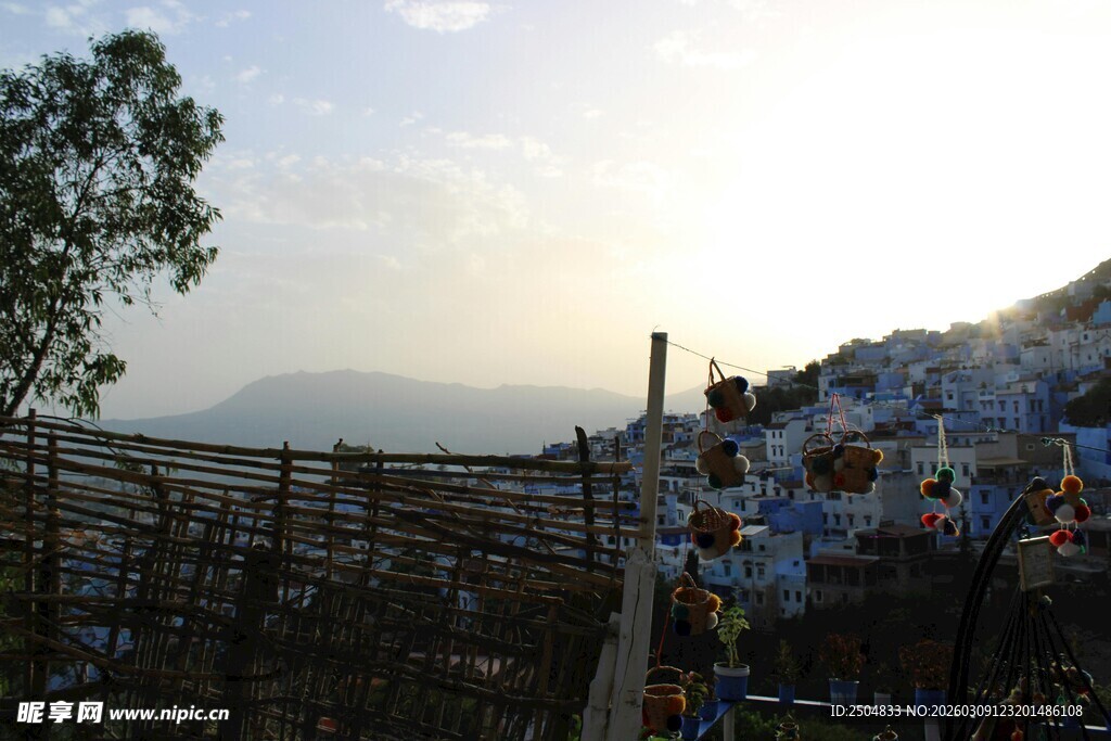 夕阳下的经幡与树木