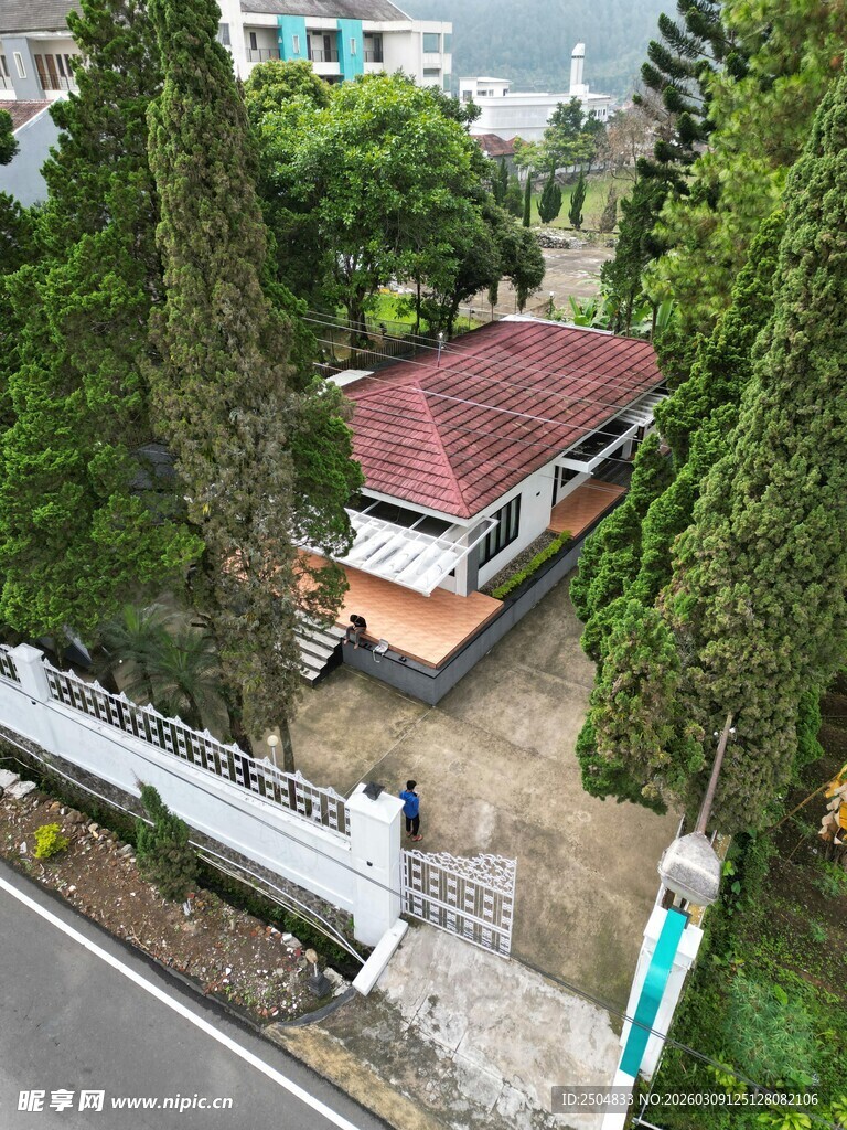 绿树环绕的独栋红顶小屋