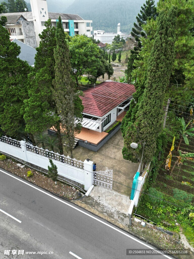 俯瞰绿树环绕的独栋小屋