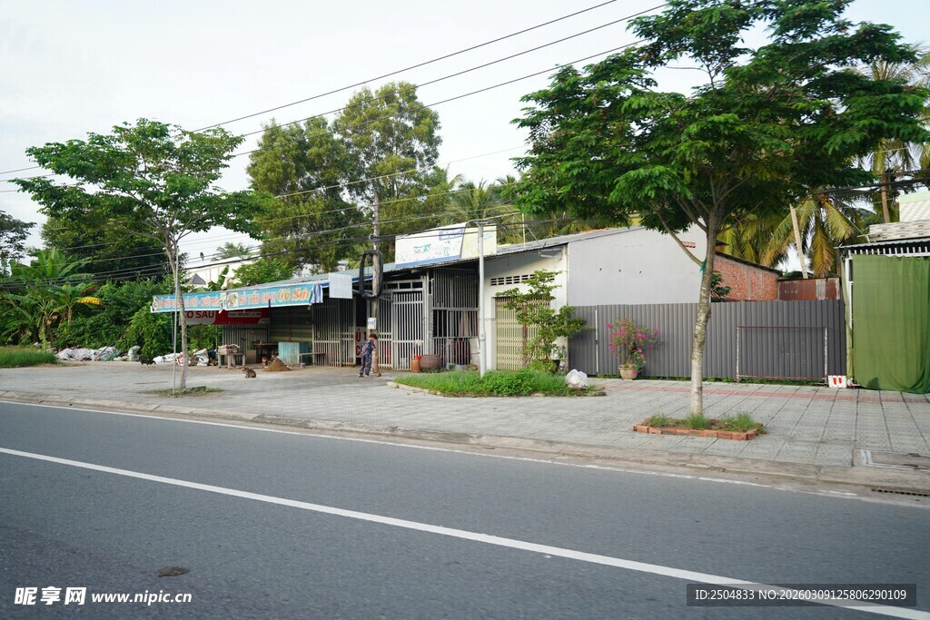 街边简陋店铺 绿树相伴