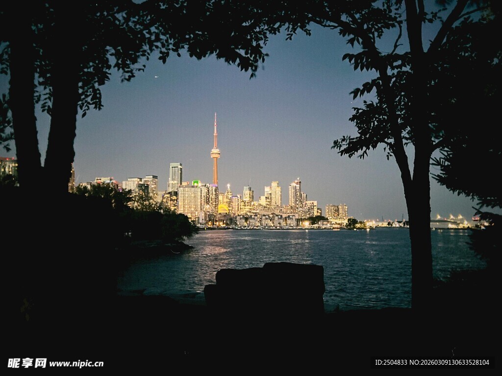 夜幕下的城市湖畔美景