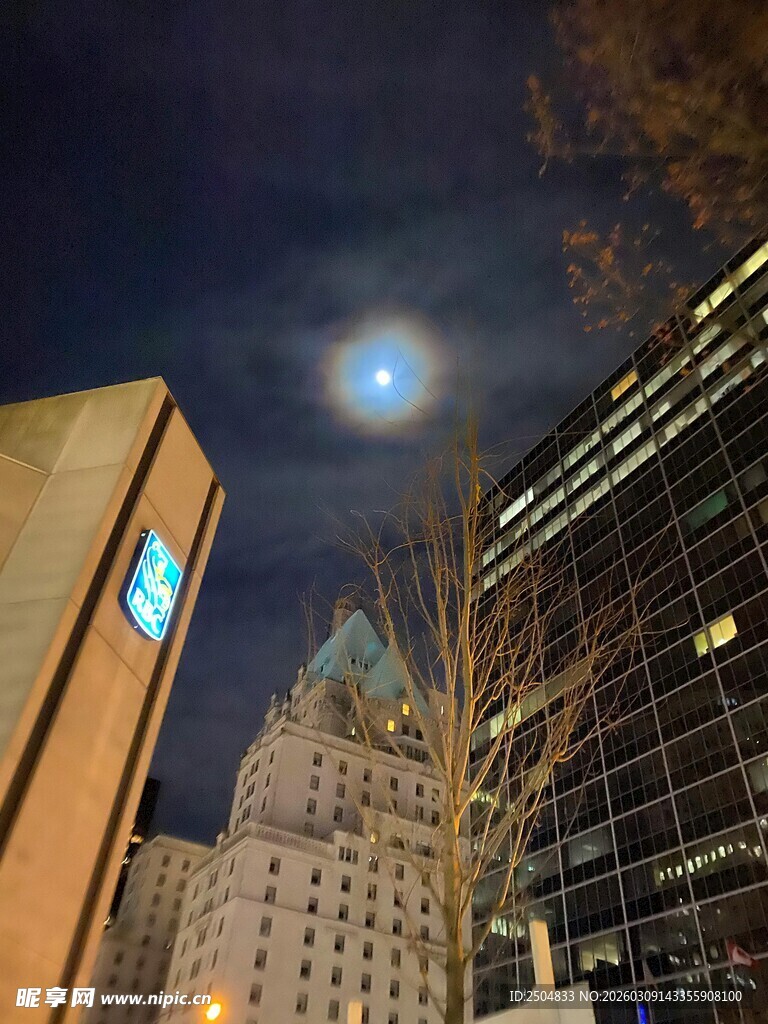 城市夜空下的建筑与明月