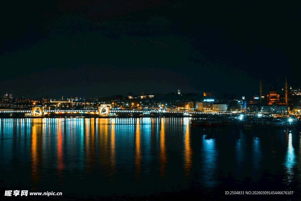 夜晚城市水边的绚丽倒影