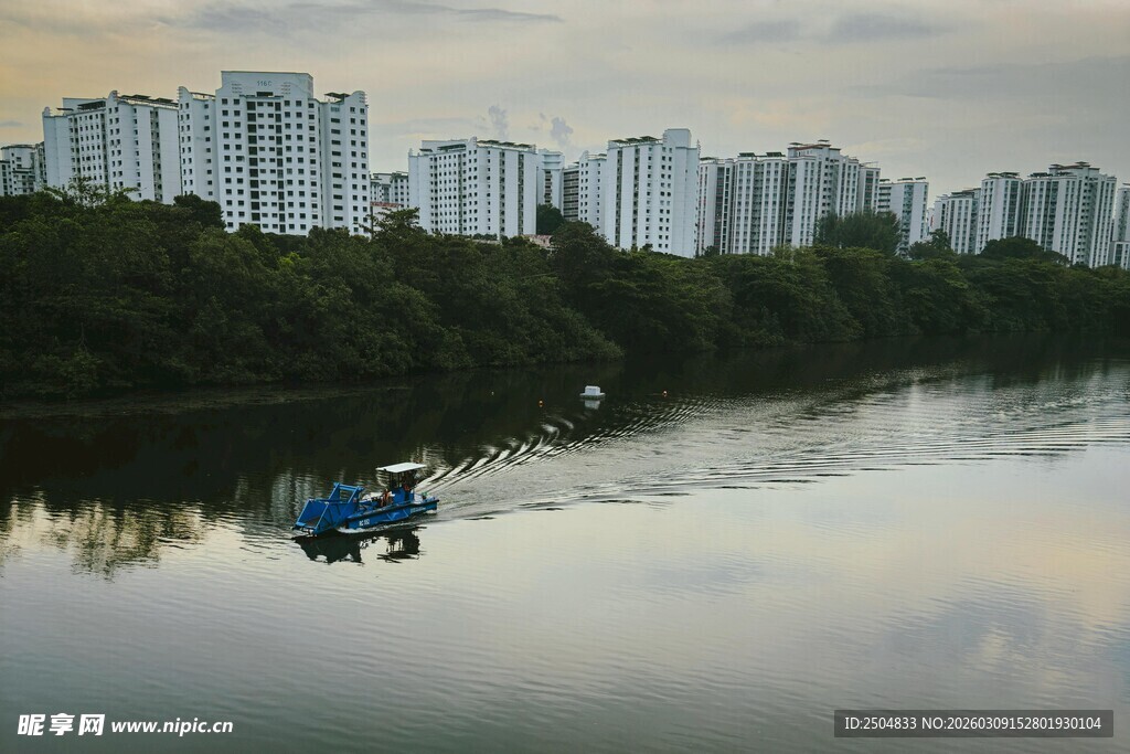 河畔小船与林立高楼景观