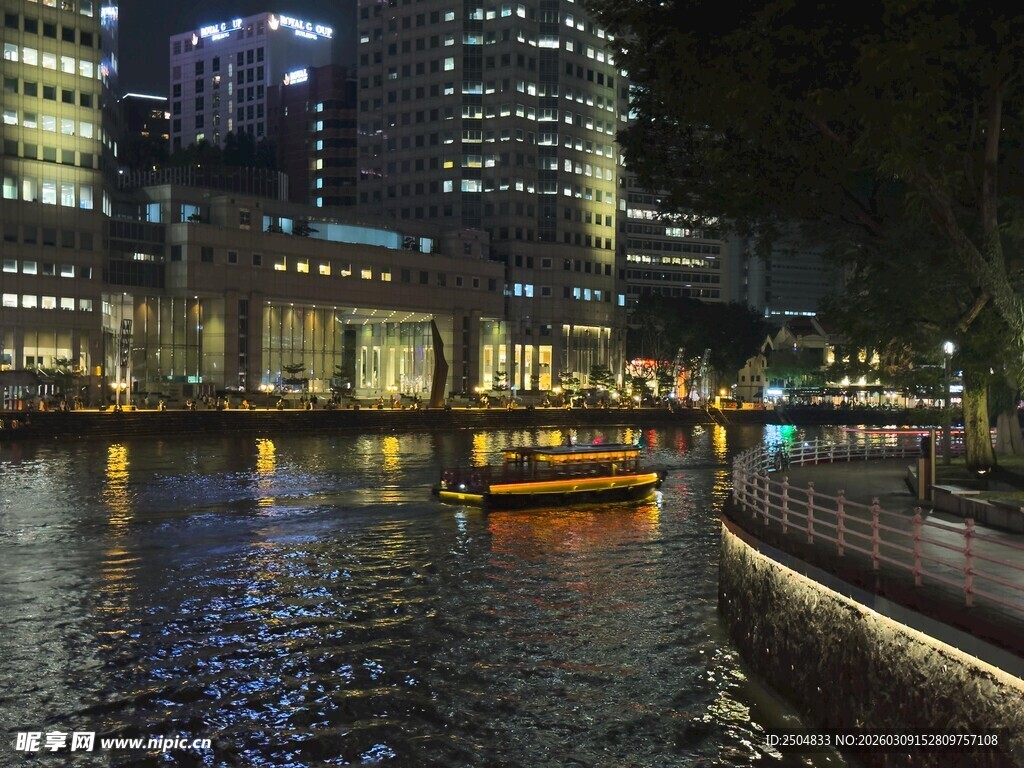 城市河畔夜景中的船只
