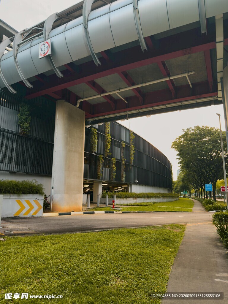 现代建筑下的绿地小径