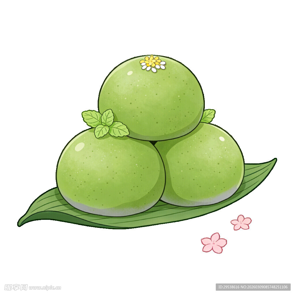 三个青团置于绿叶上