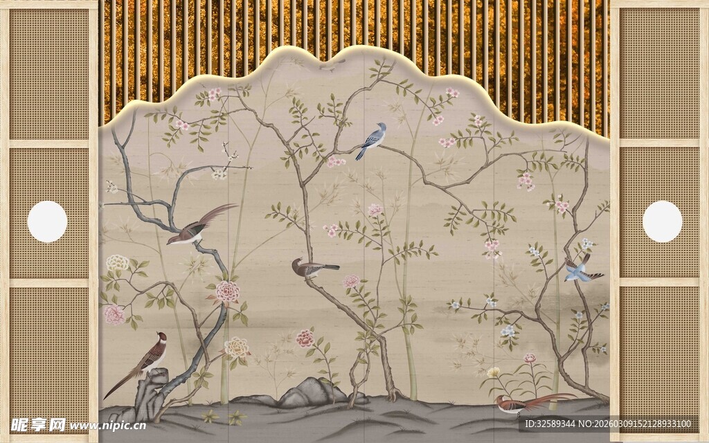 中式山水扇形装饰画