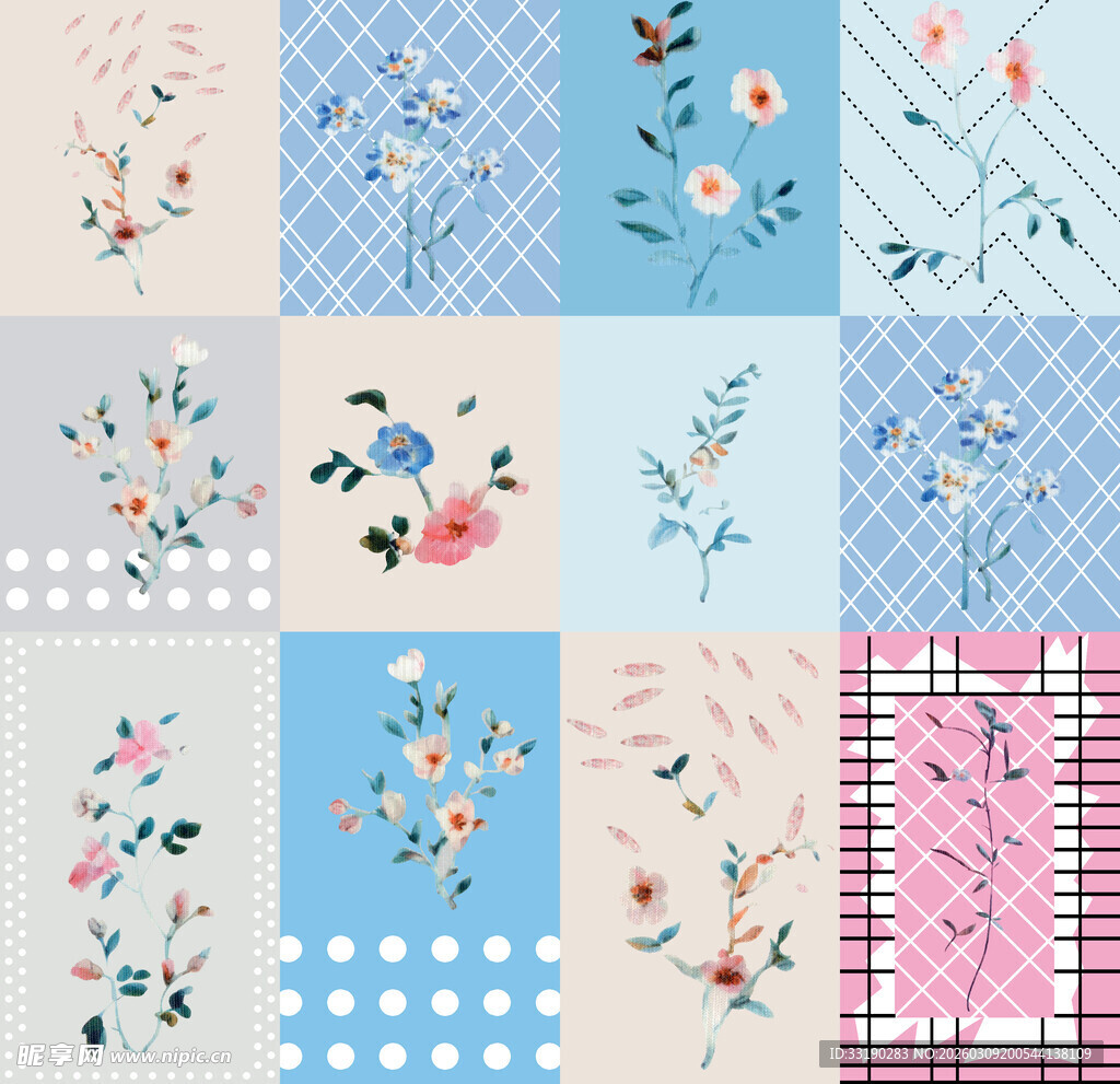 花卉图案拼接的多彩布料