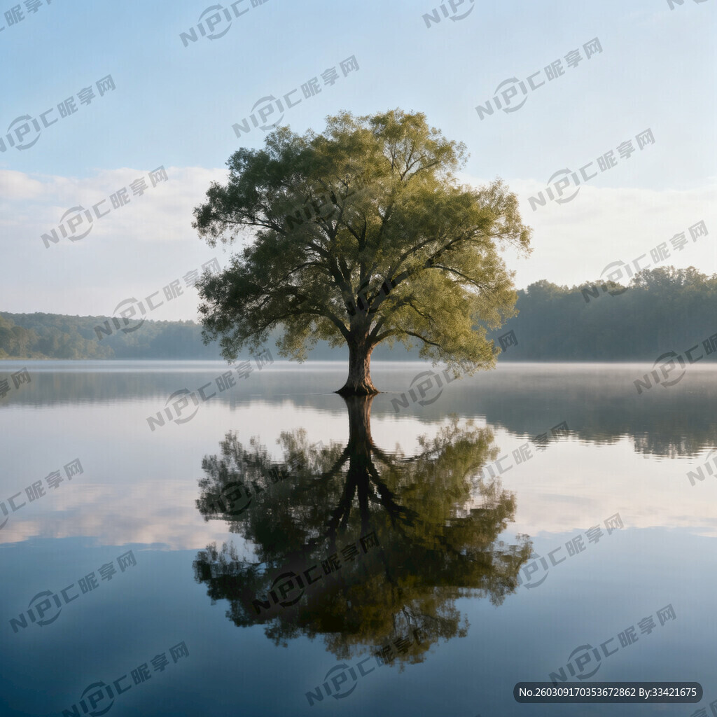 一个湖中间有一棵树高清风景图片