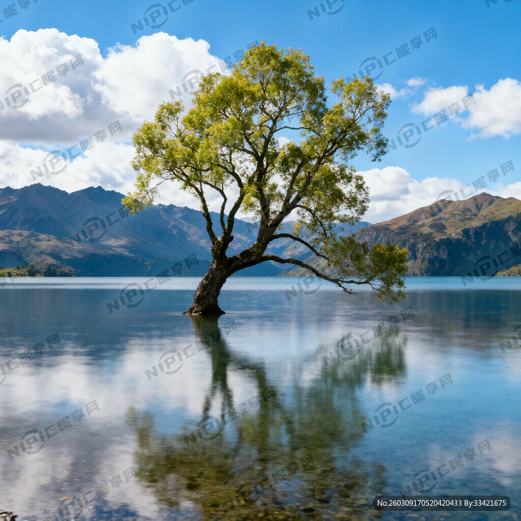 一个湖中间有一棵树