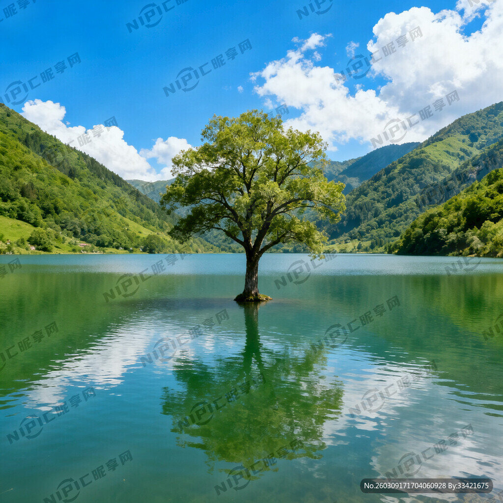 湖中树 蓝天白云