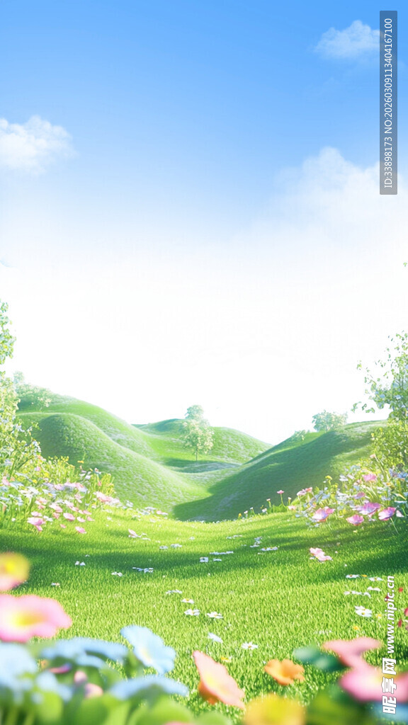 春日绿野繁花风景图