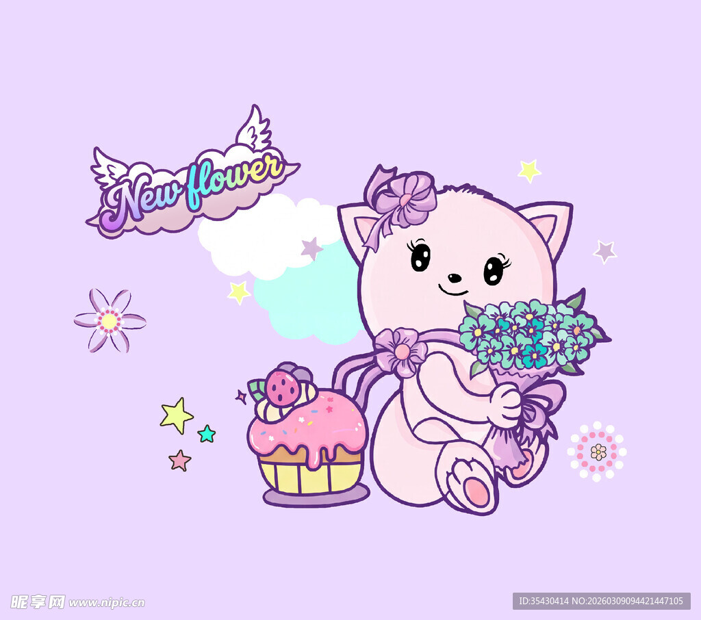 可爱猫咪与甜点梦幻插画